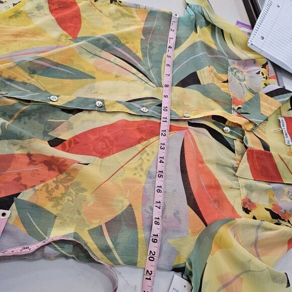 NEW Figueroa & Flower Shirt Petite Medium Sheer Tropical Floral Button Yellow - Picture 10 of 11